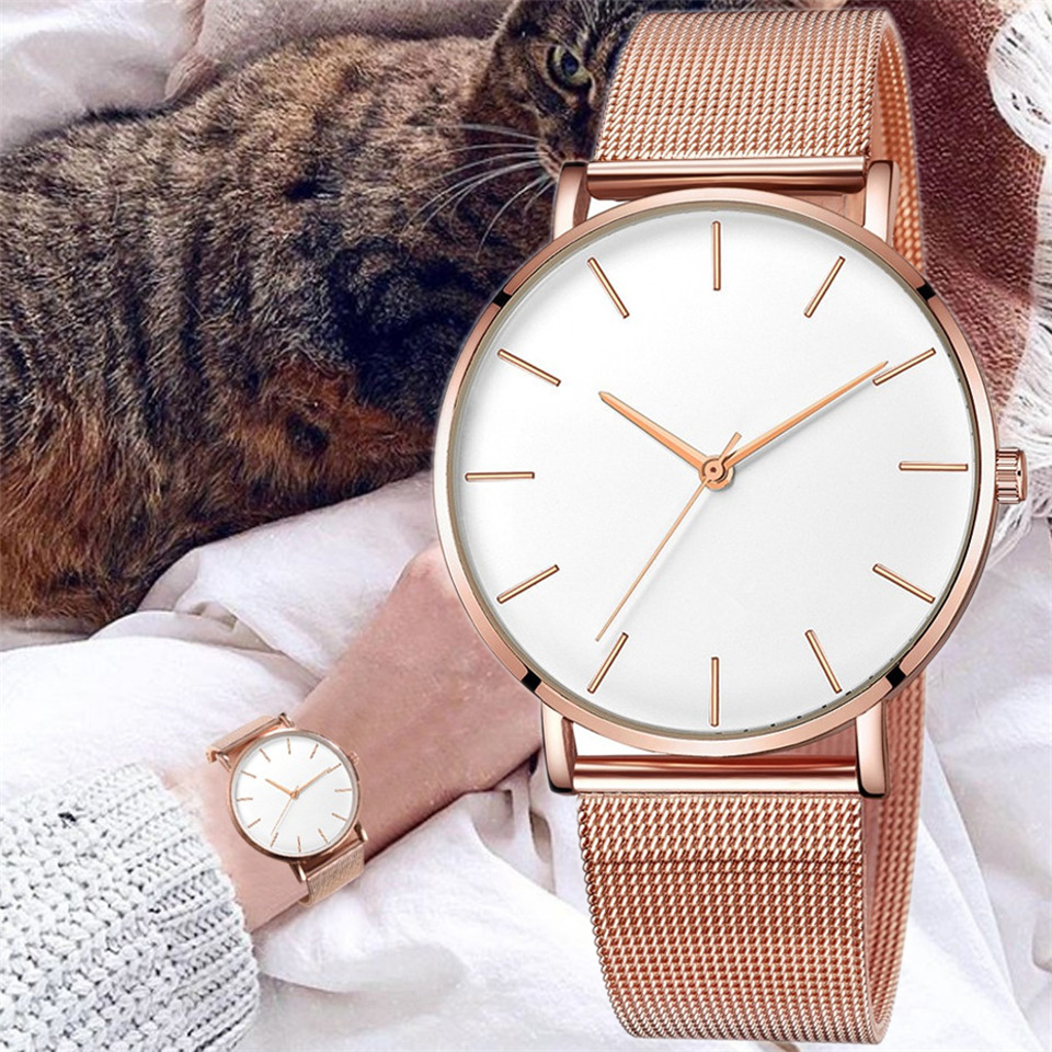 Luxury Watch Deals - นาฬิกาหรูแบบเรียบง่ายสำหรับผู้หญิงนาฬิกาข้อมือควอตซ์ของผู้หญิงสีโรสโกลด์สแตนเลสตาข่ายนาฬิกาแฟชั่นผู้หญิงลำลอง