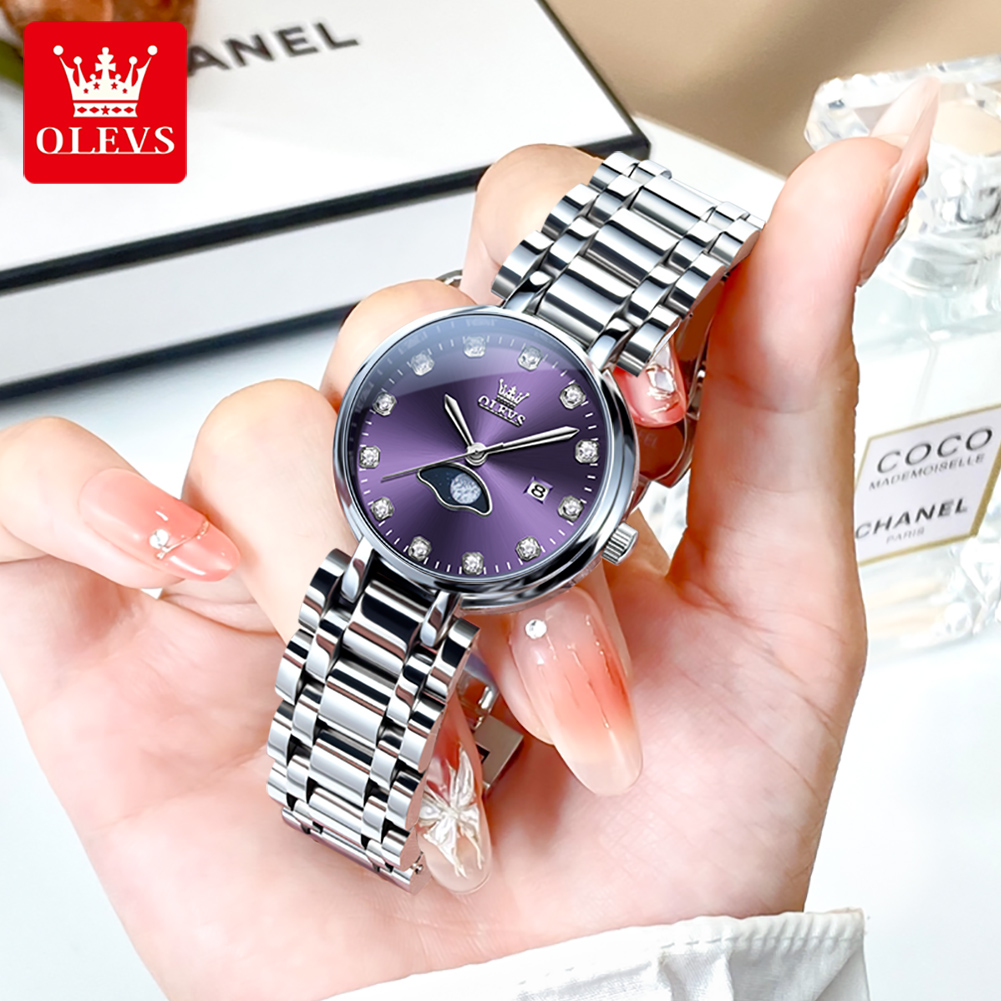 Lux Watch - OLEVS Elegant แฟชั่นสีม่วง Rhinestone Dial นาฬิกาควอตซ์ผู้หญิงกันน้ํา
