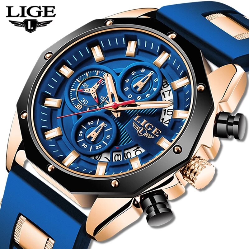 Luxury Watch Exhibition - Lige นาฬิกาแฟชั่นผู้ชายแบรนด์ชั้นนำหรูหรานาฬิกาสปอร์ตซิลิโคนนาฬิกาควอตซ์บอกวันที่นาฬิกาข้อมือกันน้ำจับเวลาผู้ชาย