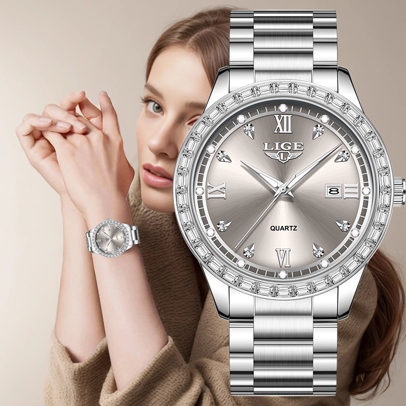 Luxury Watch Safe - นาฬิกาข้อมือควอตซ์ LIGE 2026 นาฬิกาผู้หญิงหรูหรา พร้อมปฏิทินเรืองแสง สายสแตนเลส