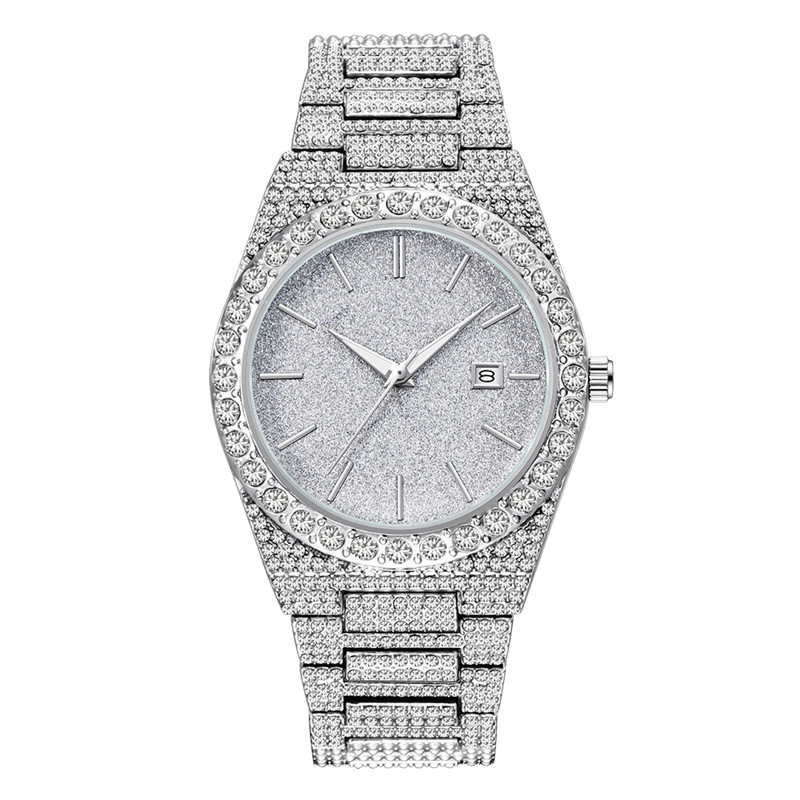 Luxury Watch Exhibition - นาฬิกาข้อมือผู้ชายแบรนด์ดัง สไตล์ฮิปฮอป ประดับเพชร สายโลหะผสม แสดงวันที่ สีทอง
