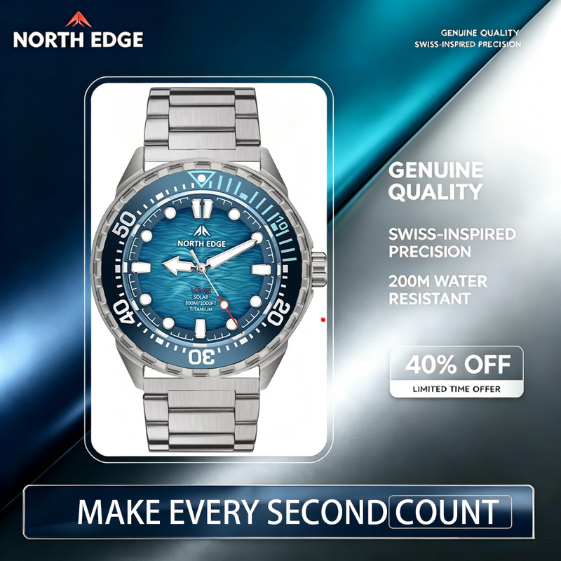 Diver Watch 300M - NORTH EDGE 2026 TRITON นาฬิกาดำน้ำสำหรับผู้ชาย ระบบพลังงานแสงอาทิตย์