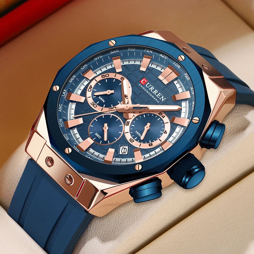 Luxury Watch Exhibition - CURREN นาฬิกาสะท้อนแสงโครโนกราฟสำหรับผู้ชายสายซิลิโคนนาฬิกาข้อมือควอทซ์กันน้ำสำหรับกีฬาลำลอง