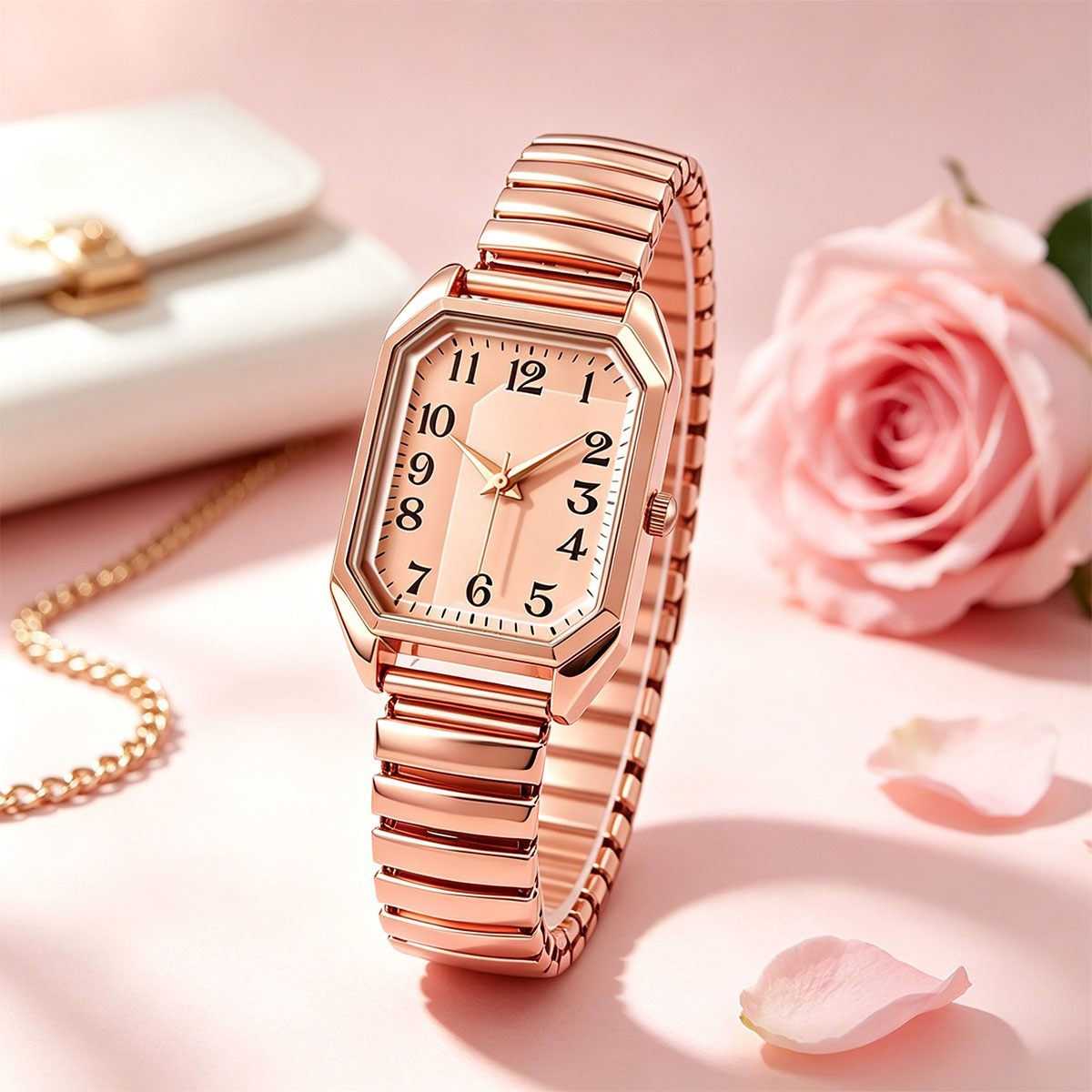 Luxury Watch Deals - นาฬิกาข้อมือควอตซ์ทรงสี่เหลี่ยมแปดเหลี่ยมสำหรับผู้หญิง สายโลหะยืดได้สองสี ดีไซน์เรียบง่าย นาฬิกาอนาล็อกสำหรับสุภาพสตรี